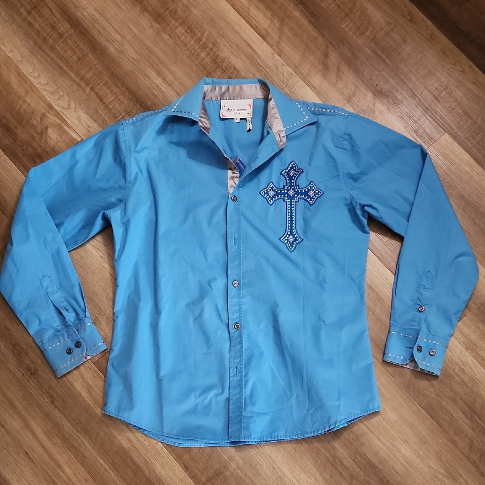 Ace of Diamond Blue Embroidered Cross Western Shirt Men’s Long Sleeve - Picture 4 of 13